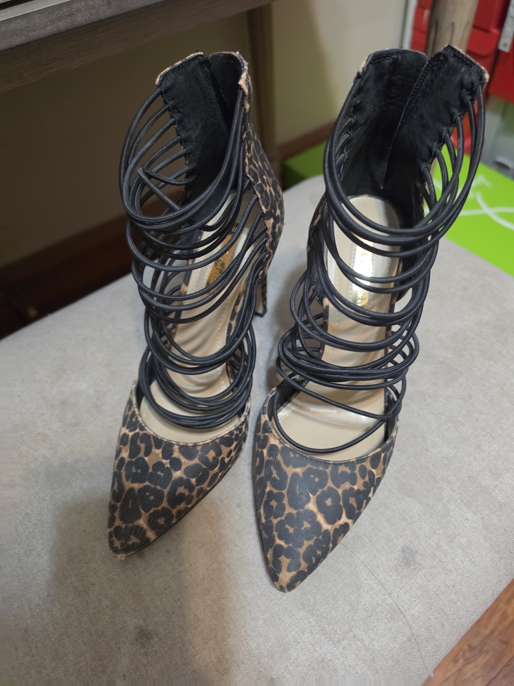 BCBG Leopard Print Pointed Toe Strappy Cage Heels in Black and Brown